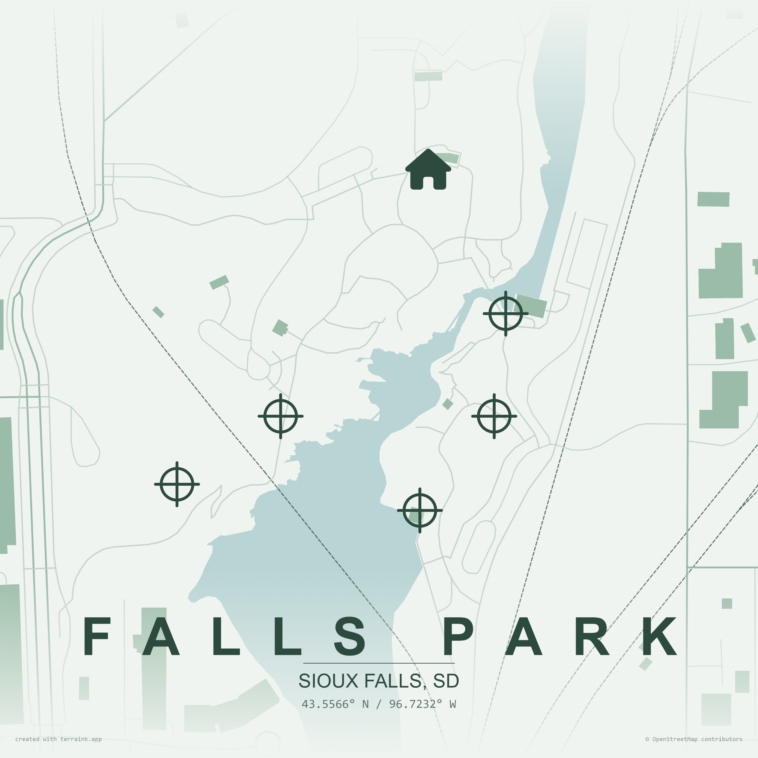 Falls Park quest route map showing five stops